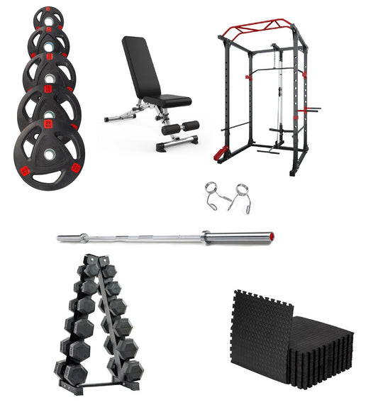 Olympic Weights, Barbell, Rack, Dumbbells, Bench, Mats Complete Home Gym Package