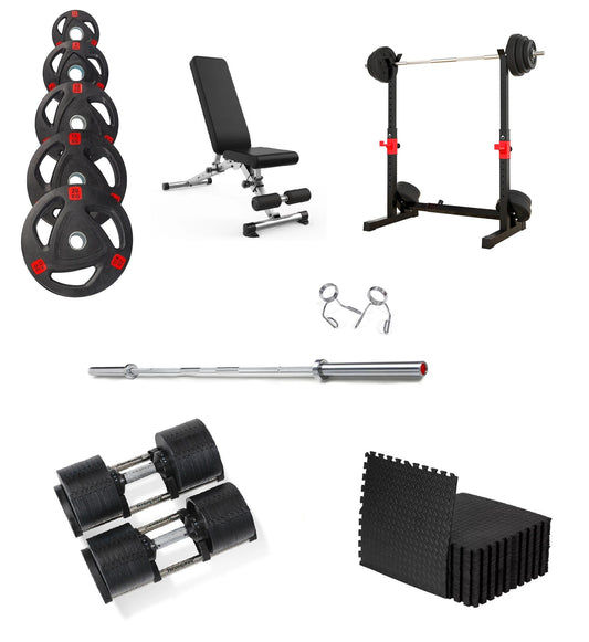 Weights, Barbell, Rack, Dumbbells, Bench, Mats Complete Home Gym Package