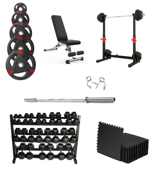 Olympic Weight Plates, Barbell, Squat and barbell Rack, Hex Dumbbells, Weight Bench, and Gym Mats Complete Gym Package