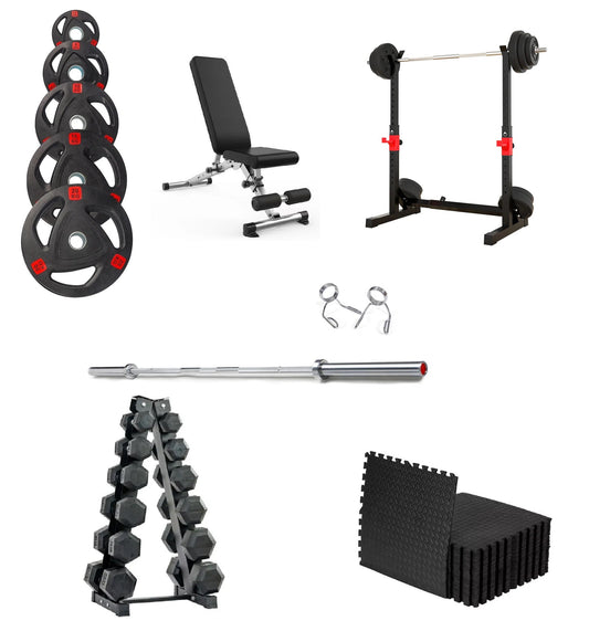 Olympic Weight Plates, Barbell, Adjustable Squat and barbell Rack, Hex Dumbbells Set, Weight Bench, and Gym Mats Complete Home Gym Package