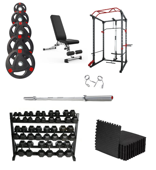 Olympic Weight Plates, Barbell, Squat Rack, Dumbbells Set, Weight Bench, Gym Mats Complete Gym Package